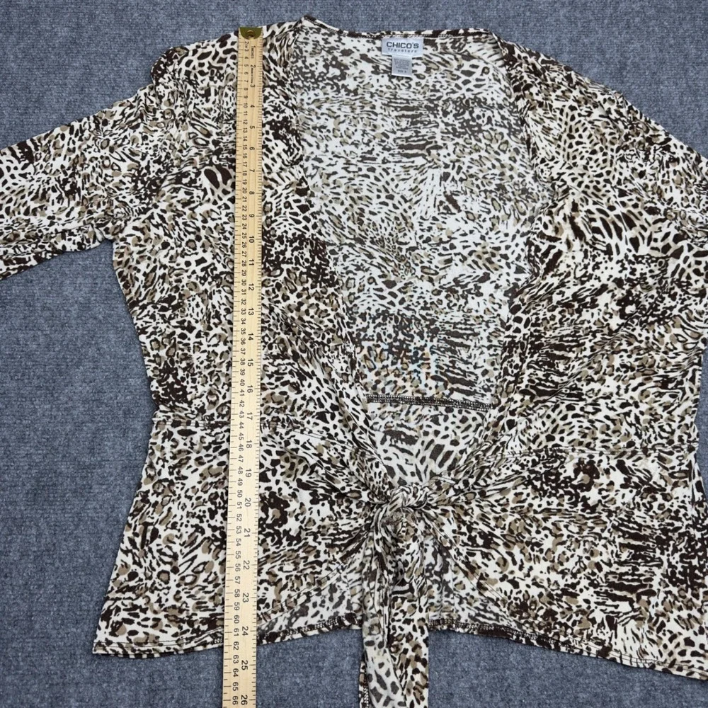 Chico's Travelers Cardigan Womens 3/XL Brown Animal Print‎ Tie Front Mob Wife